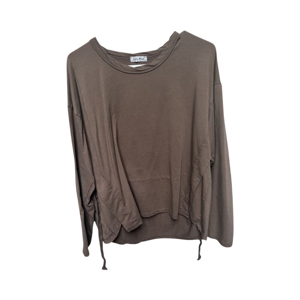 Stella Milani Brown Long Sleeve Top Drawstring Waist Casual Shirt
